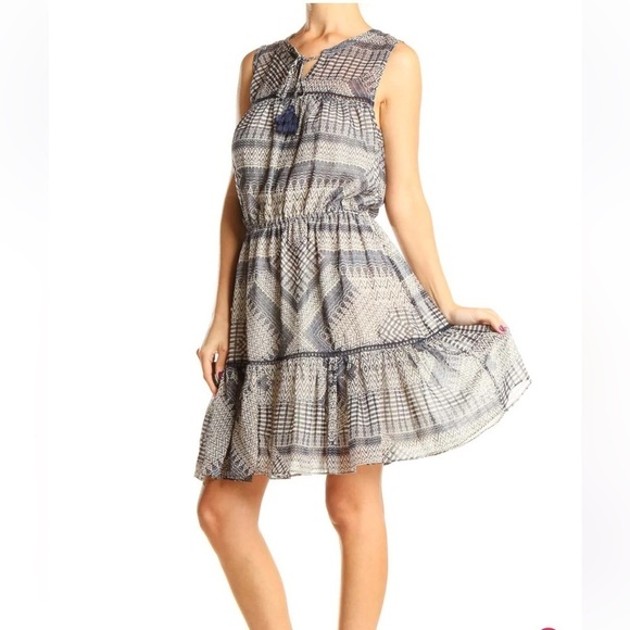 Rebecca Minkoff Nicky dress ruffle bottom sleeveless tassels blue tan print XS - Picture 1 of 13